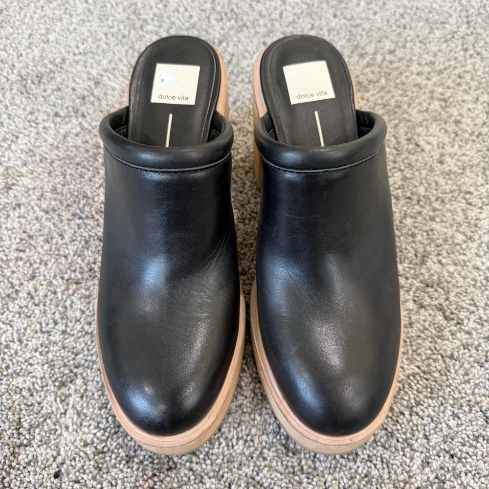DOLCE VITA CAMDIN Black Genuine LEATHER Platform CLOGs Block Heel Women’s US 9